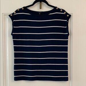 Talbots MP Nautical Blue and White Boxy Cap Sleeve T-Shirt with buttons B041